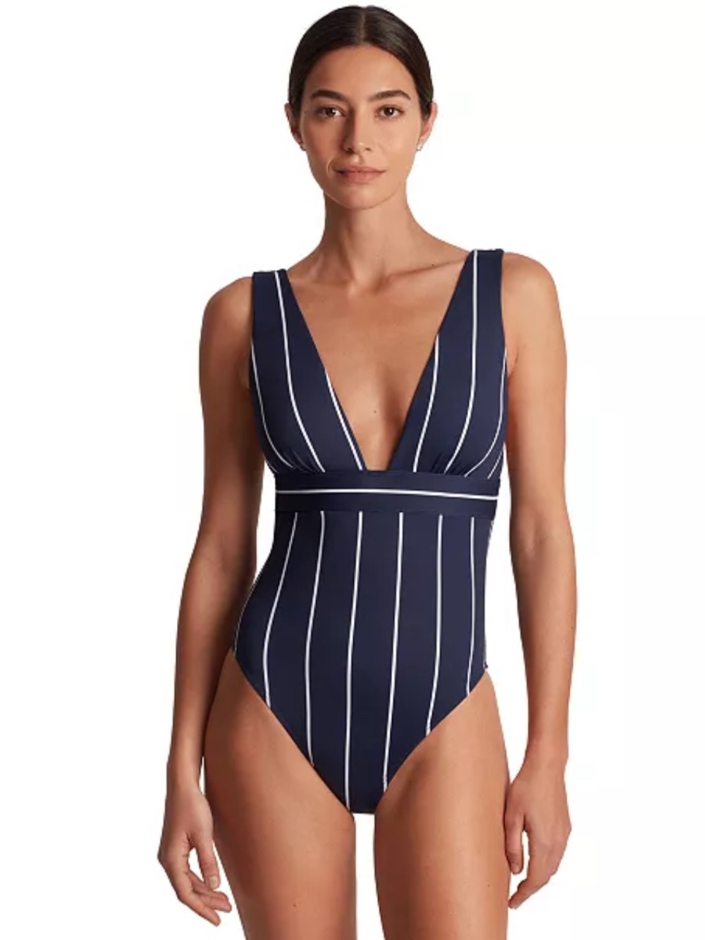 Lauren Ralph Lauren Navy Striped V-Neck One-Piece Swimsuit Size 10 NWT